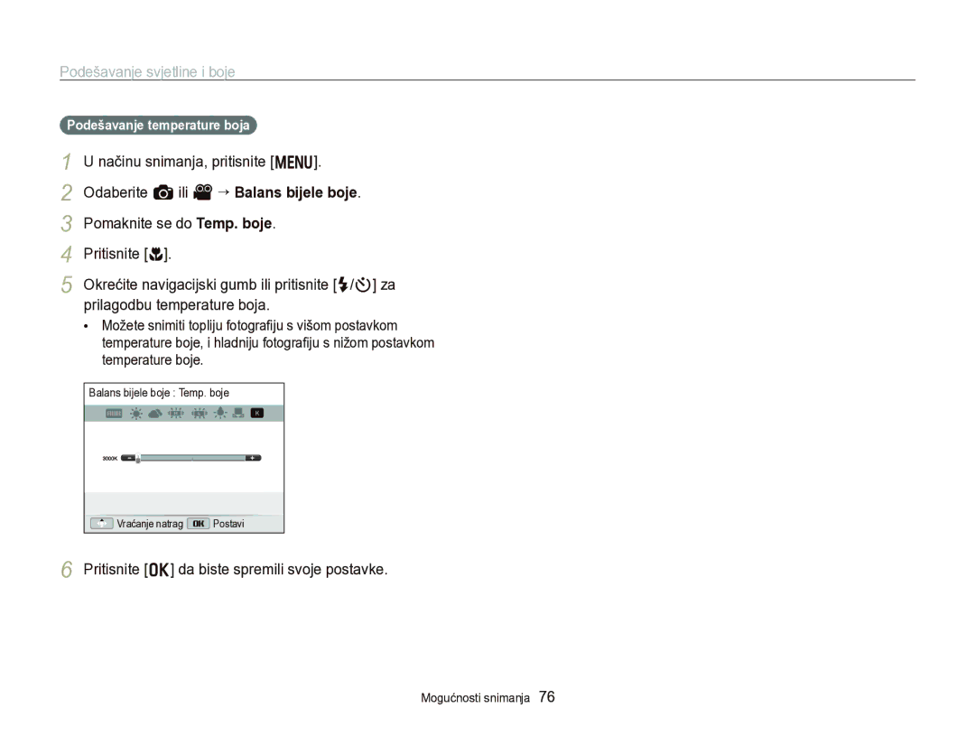 Samsung EC-WB750ZBPBE3 manual Pomaknite se do Temp. boje, Prilagodbu temperature boja, Podešavanje temperature boja 