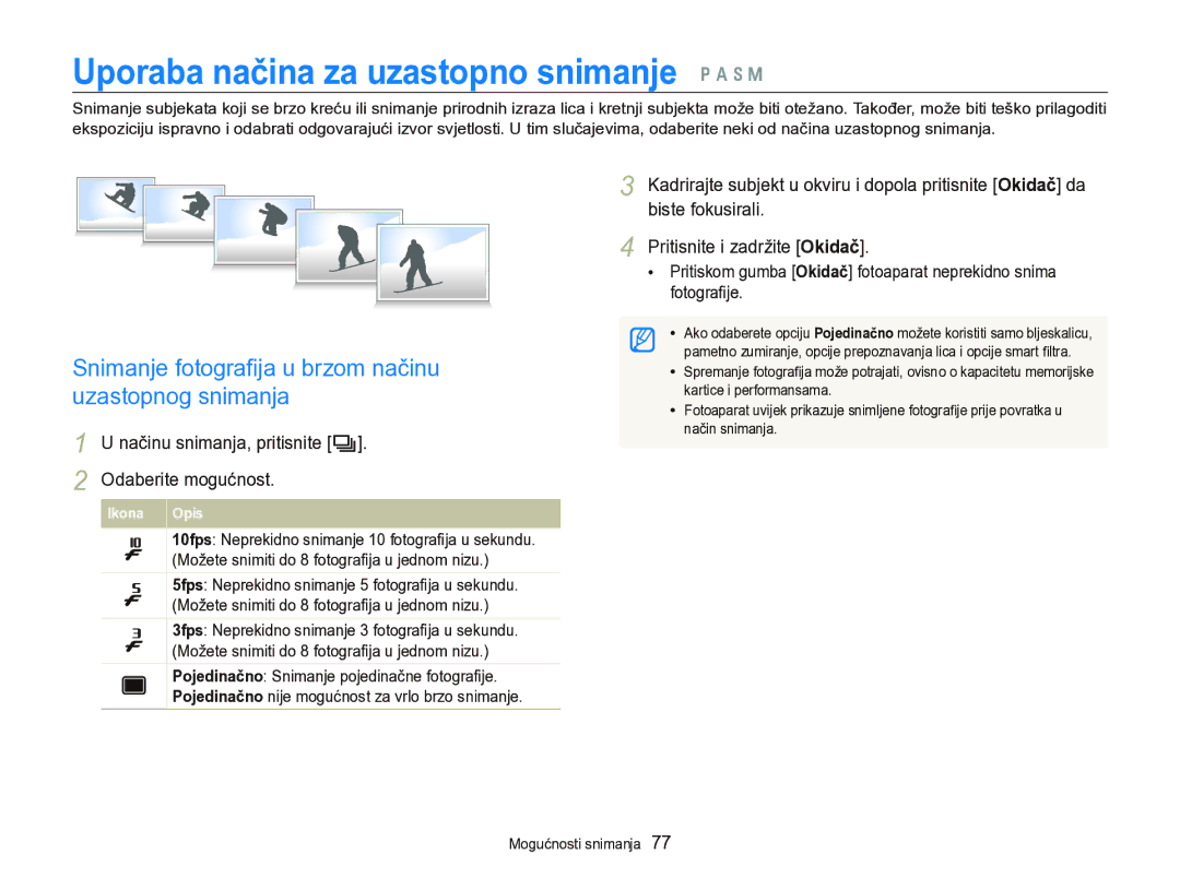 Samsung EC-WB750ZBPBE3 Uporaba načina za uzastopno snimanje p a h M, Načinu snimanja, pritisnite Q Odaberite mogućnost 