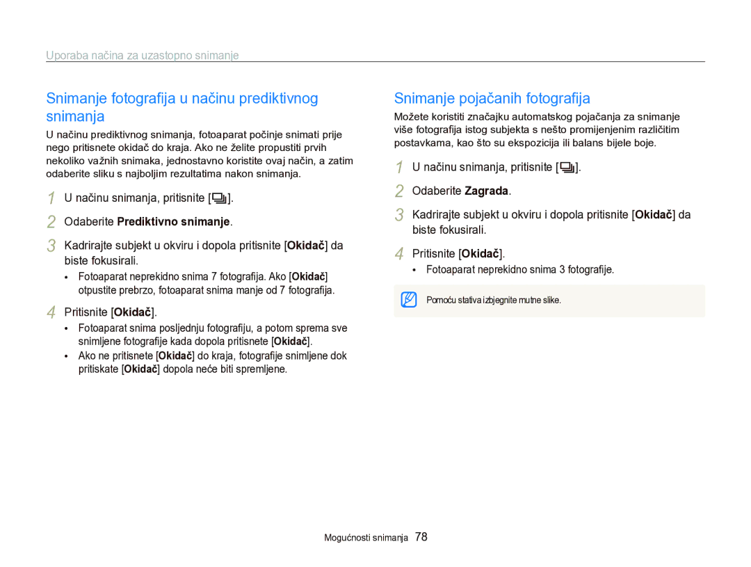 Samsung EC-WB750ZBPBE3 manual Snimanje fotograﬁja u načinu prediktivnog snimanja, Snimanje pojačanih fotograﬁja 