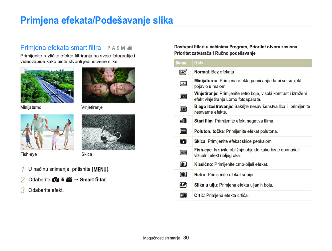Samsung EC-WB750ZBPBE3 manual Primjena efekata/Podešavanje slika, Primjena efekata smart ﬁltra p a h M 