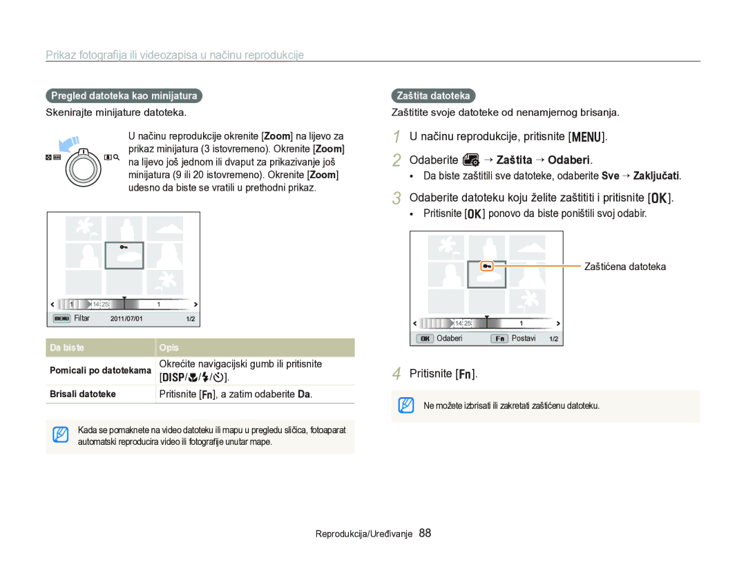 Samsung EC-WB750ZBPBE3 manual Odaberite datoteku koju želite zaštititi i pritisnite o, Pregled datoteka kao minijatura 