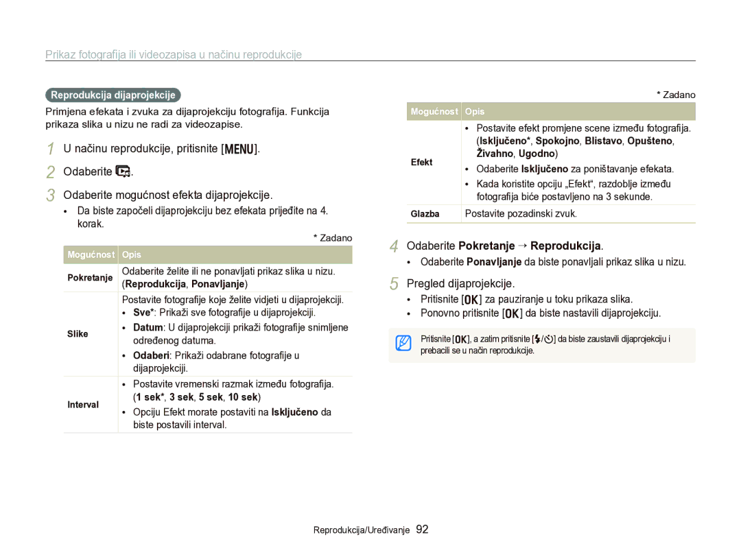 Samsung EC-WB750ZBPBE3 manual Odaberite Pokretanje “ Reprodukcija, Pregled dijaprojekcije, Reprodukcija dijaprojekcije 