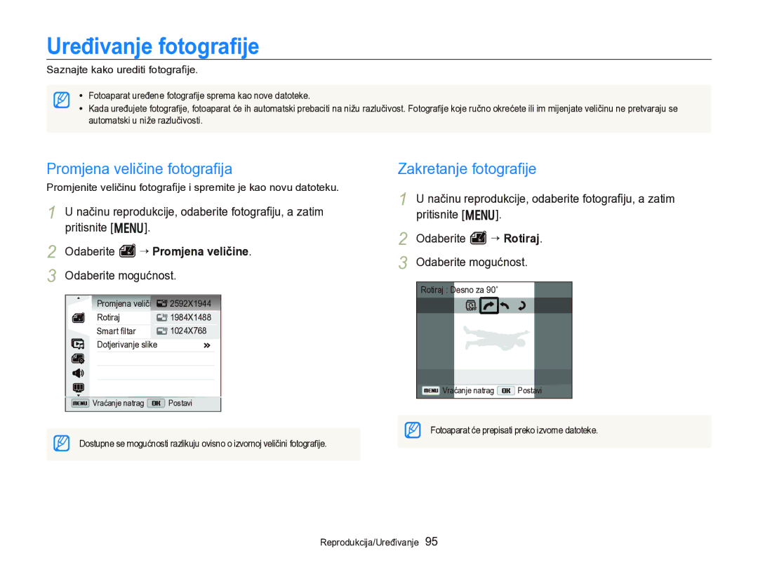 Samsung EC-WB750ZBPBE3 manual Uređivanje fotograﬁje, Promjena veličine fotograﬁja, Zakretanje fotograﬁje 