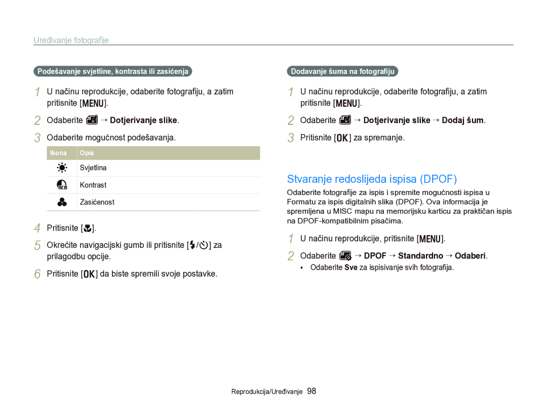 Samsung EC-WB750ZBPBE3 manual Stvaranje redoslijeda ispisa Dpof, Odaberite e “ Dotjerivanje slike, Prilagodbu opcije 