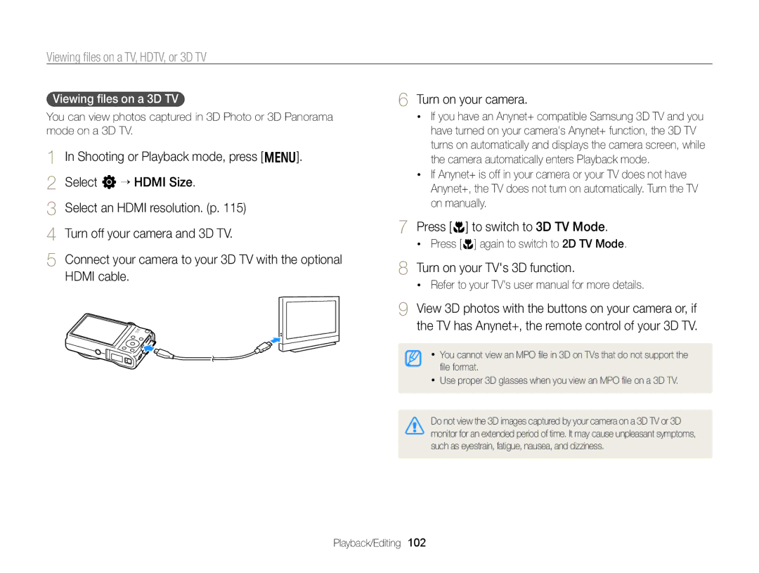 Samsung EC-WB750ZBPBUS user manual Press c to switch to 3D TV Mode, Turn on your TVs 3D function, Viewing ﬁles on a 3D TV 