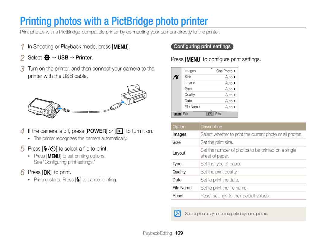 Samsung EC-WB750ZBPBUS user manual Printing photos with a PictBridge photo printer, Press F/t to select a ﬁle to print 