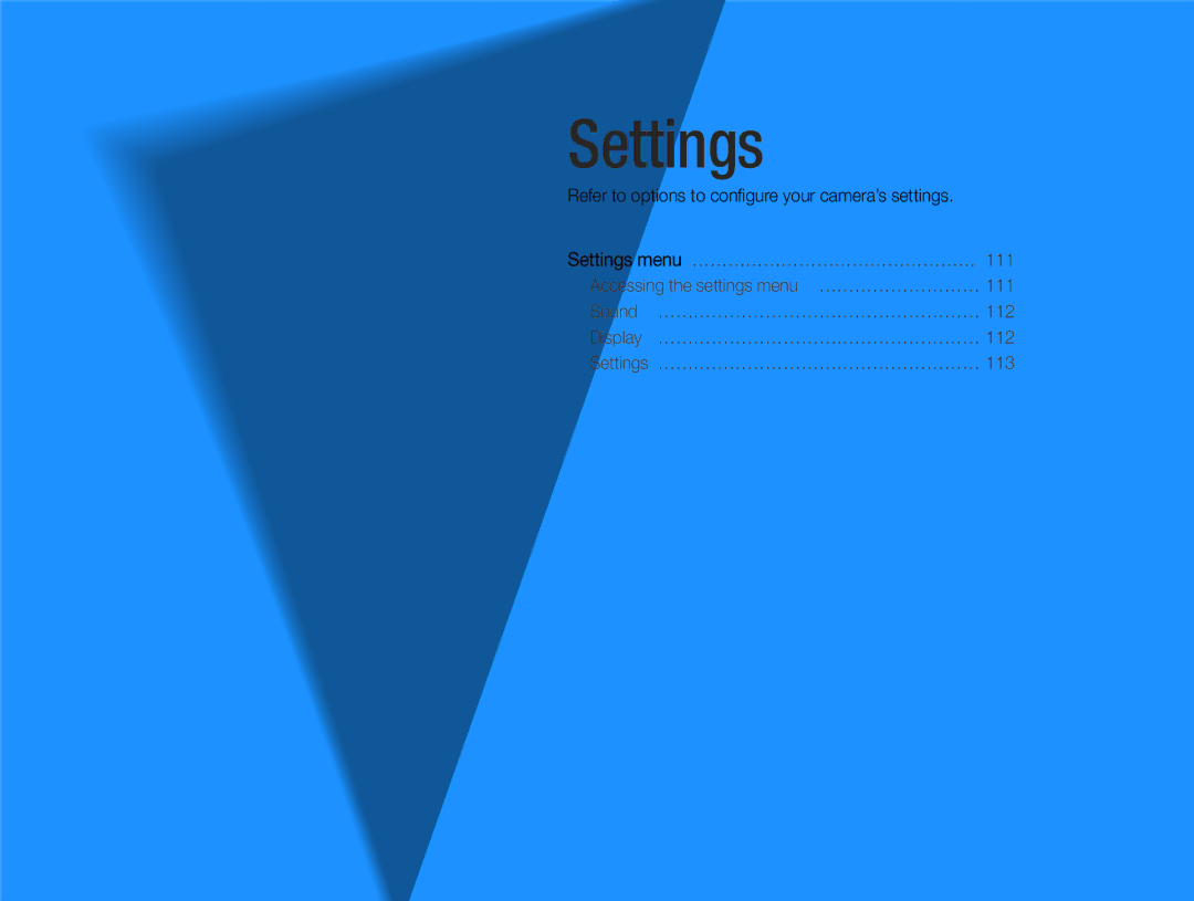 Samsung EC-WB750ZBPBUS user manual Settings, Refer to options to conﬁgure your camera’s settings 