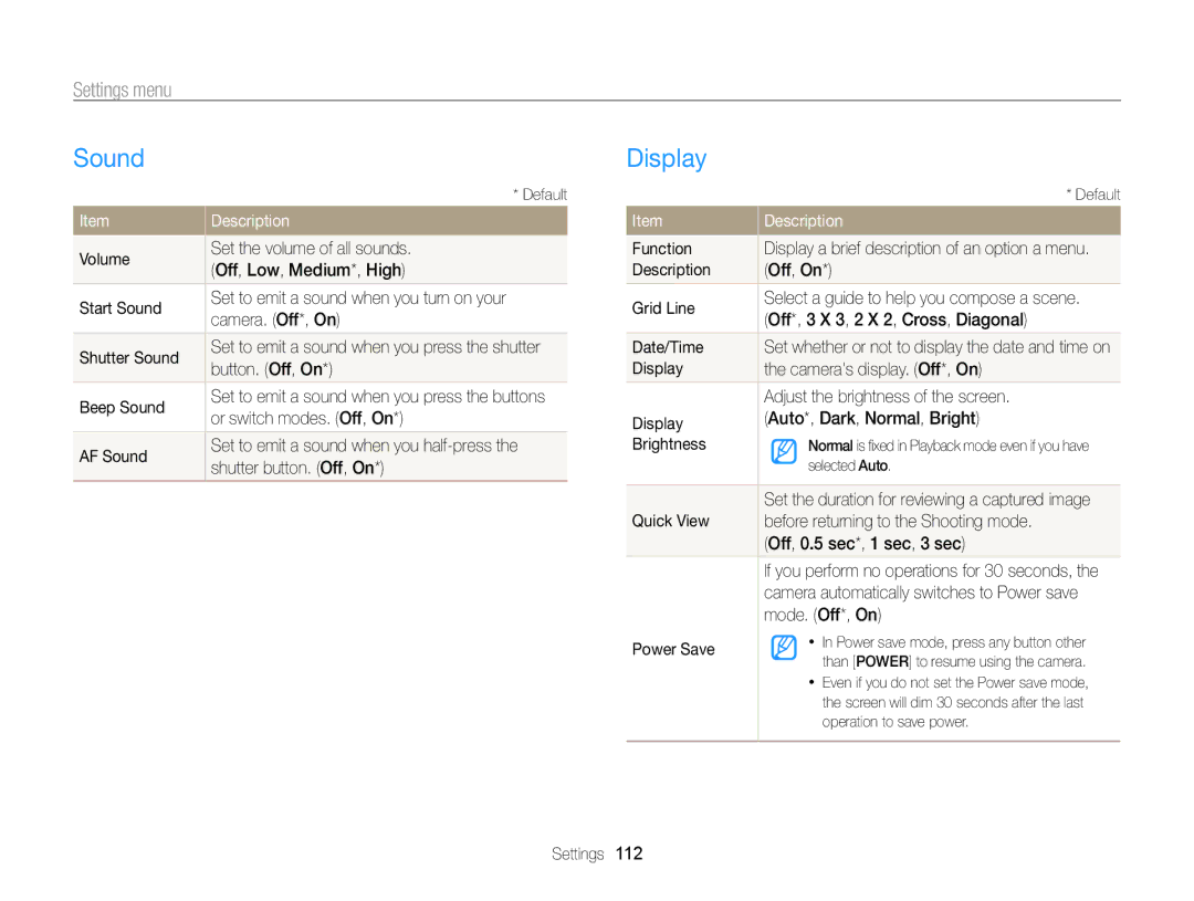 Samsung EC-WB750ZBPBUS user manual Sound, Display, Settings menu 