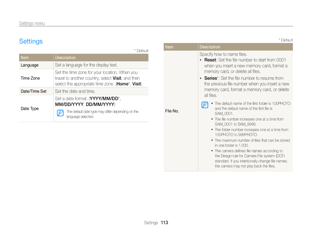 Samsung EC-WB750ZBPBUS user manual Settings, Language Set a language for the display text, Time Zone, File No 