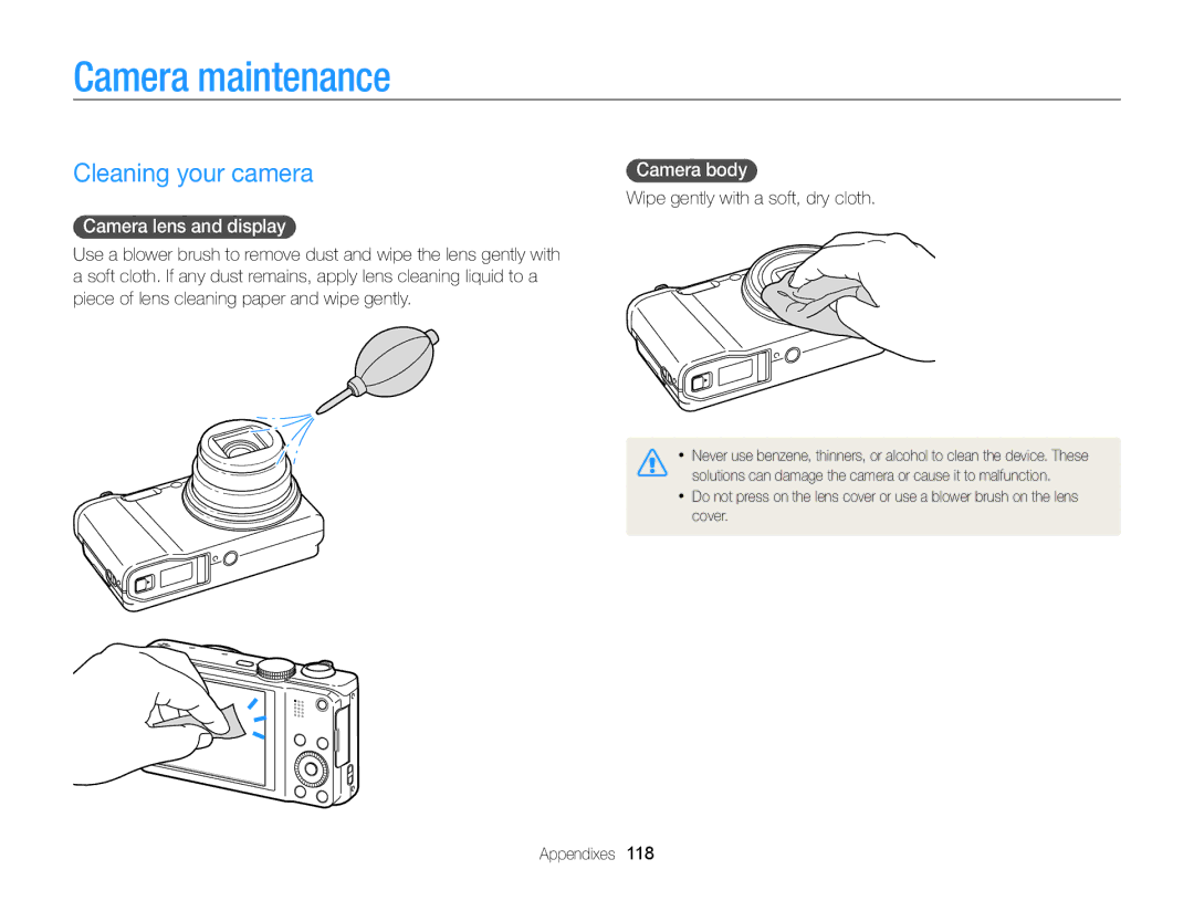 Samsung EC-WB750ZBPBUS user manual Camera maintenance, Cleaning your camera, Camera lens and display, Camera body 