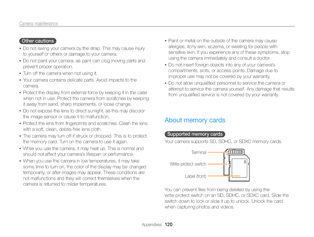 Samsung EC-WB750ZBPBUS user manual About memory cards, Other cautions, Supported memory cards 