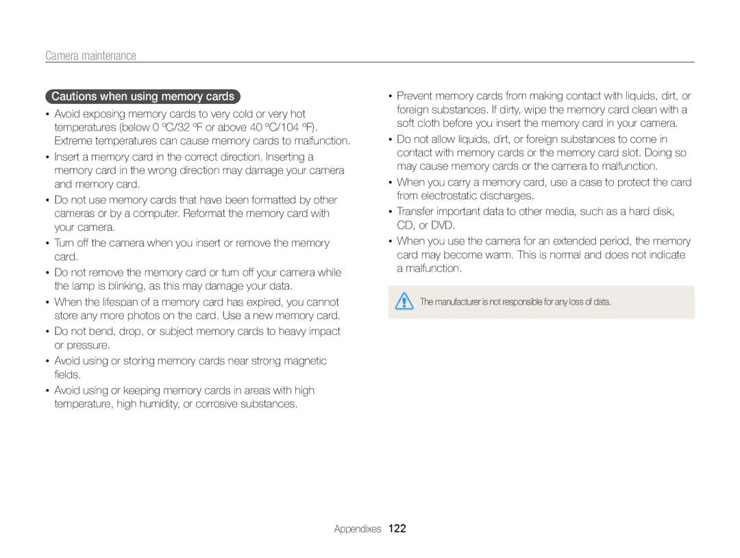 Samsung EC-WB750ZBPBUS user manual Manufacturer is not responsible for any loss of data 