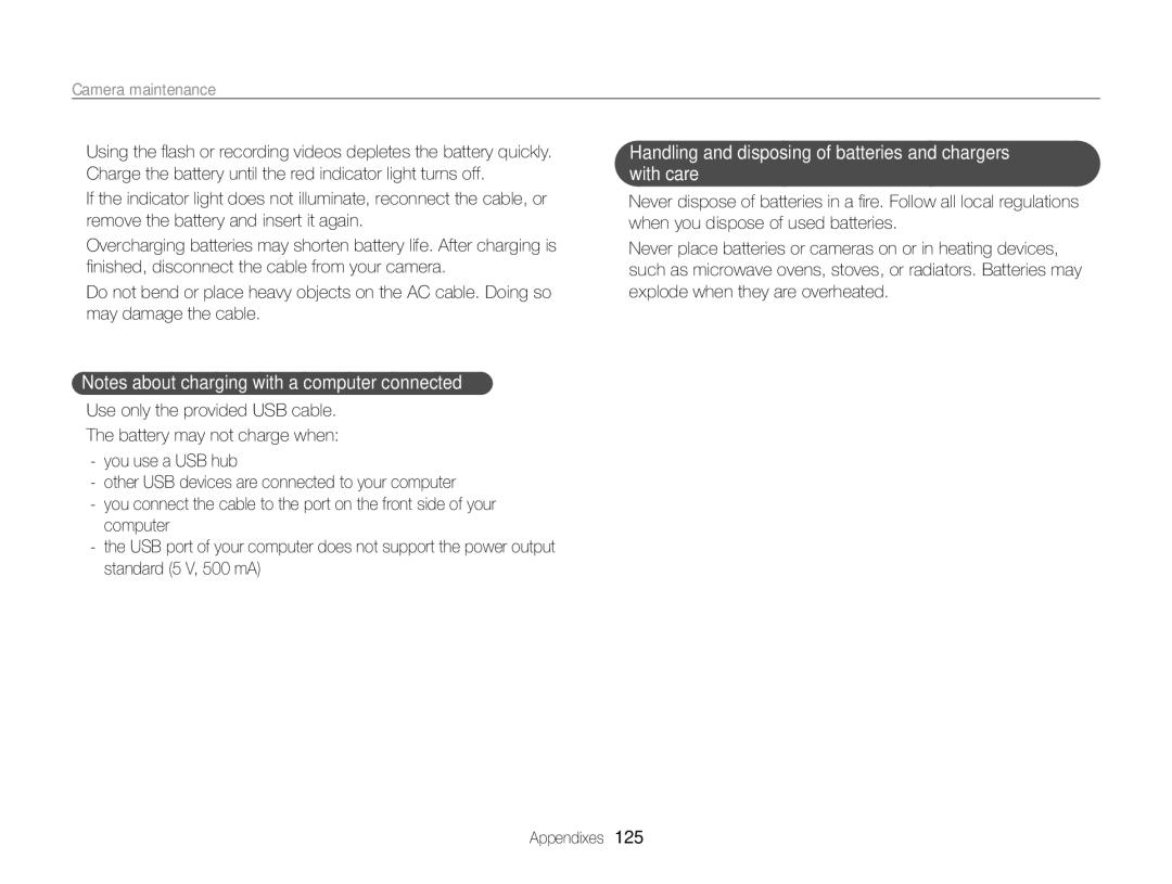 Samsung EC-WB750ZBPBUS user manual Handling and disposing of batteries and chargers with care 