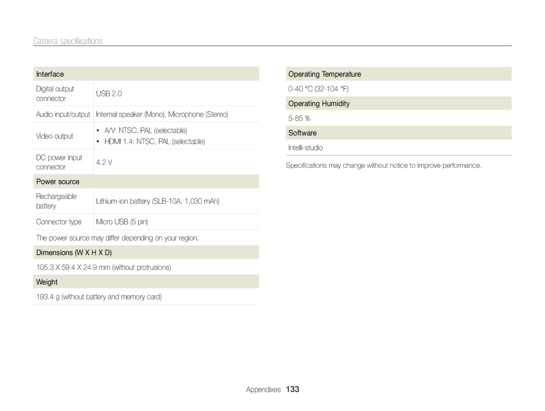 Samsung EC-WB750ZBPBUS user manual Camera specifications, Interface, Video output, Power source 