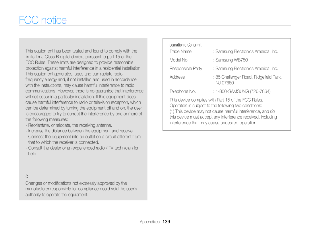 Samsung EC-WB750ZBPBUS user manual FCC notice, Model No Samsung WB750 Responsible Party, Address, Telephone No Samsung 