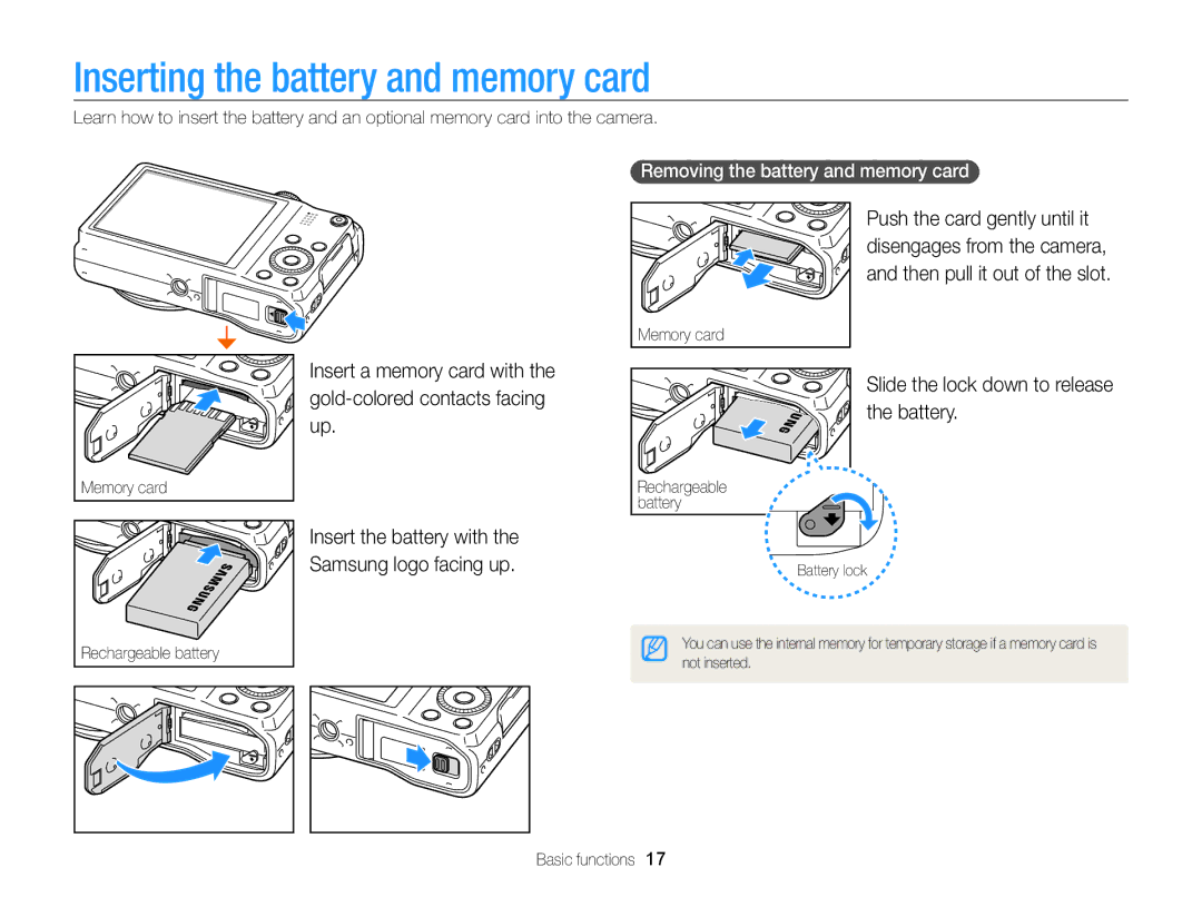 Samsung EC-WB750ZBPBUS user manual Inserting the battery and memory card, Slide the lock down to release the battery 