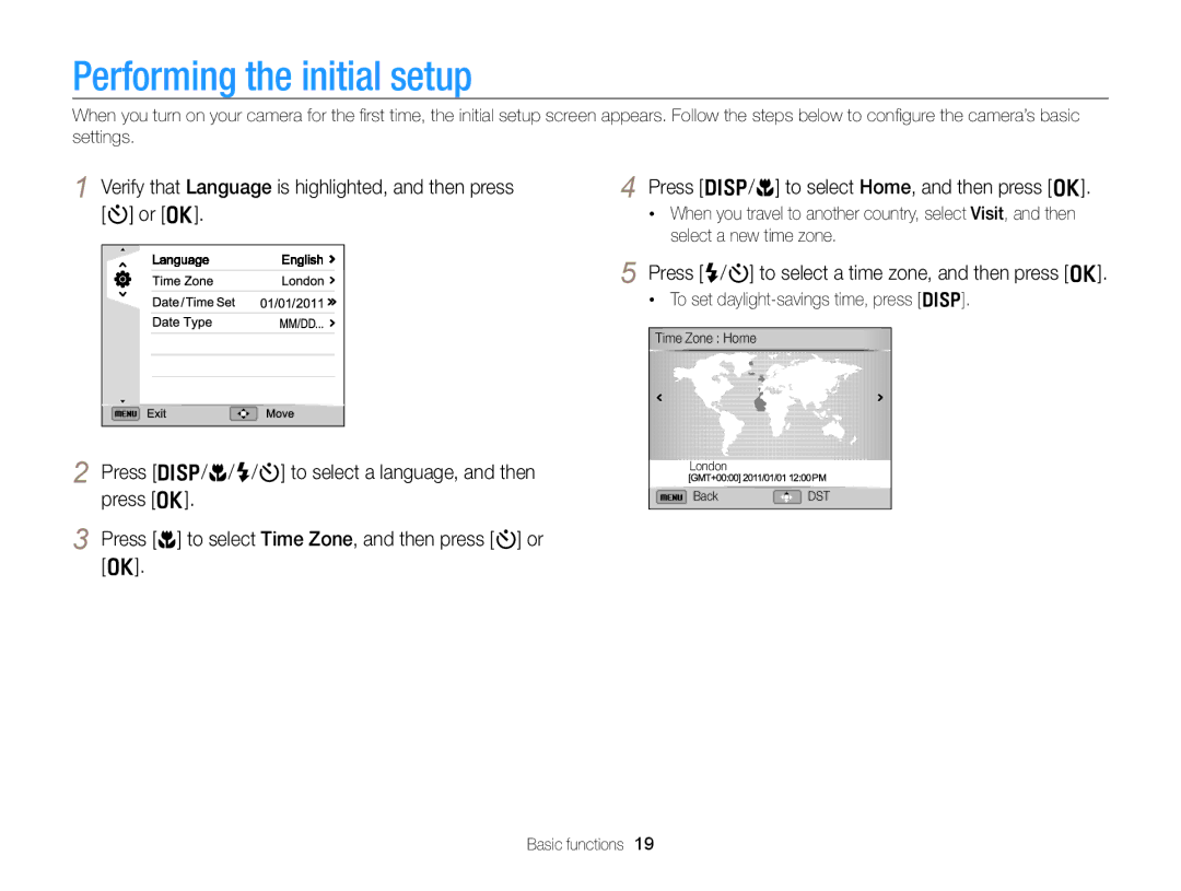 Samsung EC-WB750ZBPBUS user manual Performing the initial setup, To set daylight-savings time, press D 