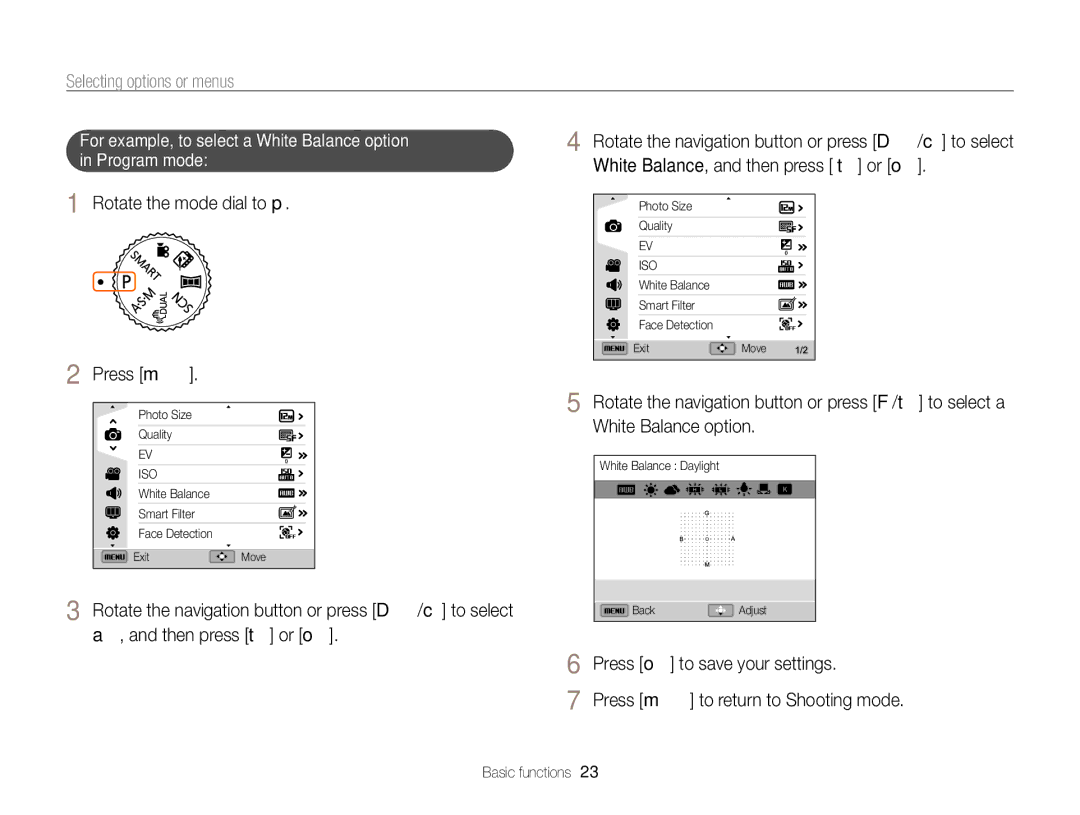 Samsung EC-WB750ZBPBUS Selecting options or menus, Rotate the mode dial to p Press m, Press o to save your settings 