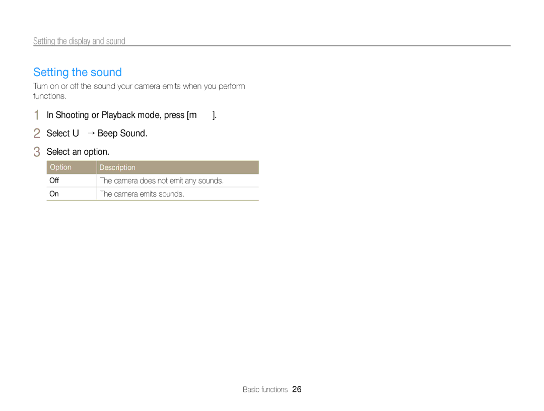 Samsung EC-WB750ZBPBUS user manual Setting the sound, Setting the display and sound, Option Description 