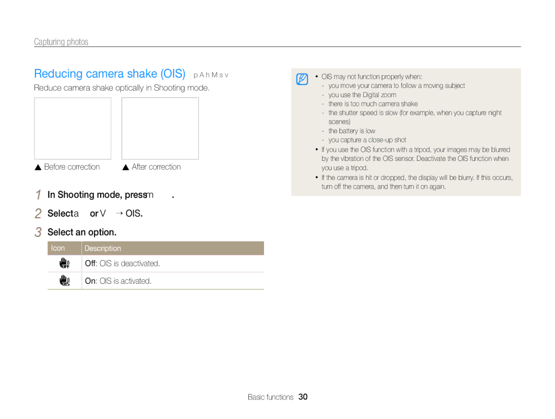 Samsung EC-WB750ZBPBUS Reducing camera shake OIS p a h M s, Shooting mode, press m Select a or V “ OIS Select an option 