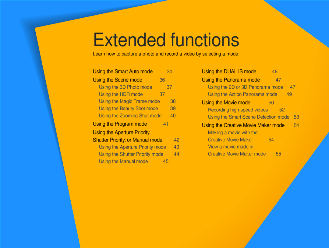 Samsung EC-WB750ZBPBUS user manual Extended functions, Using the Movie mode …………………… 