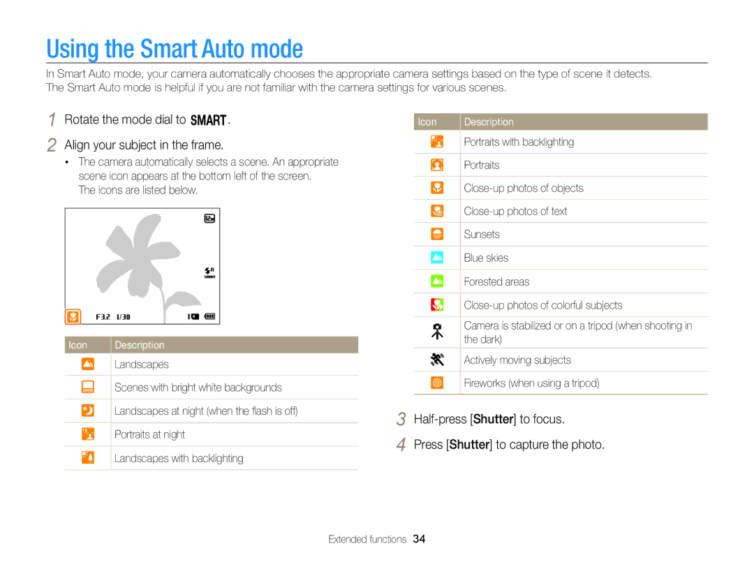 Samsung EC-WB750ZBPBUS user manual Using the Smart Auto mode, Rotate the mode dial to T Align your subject in the frame 