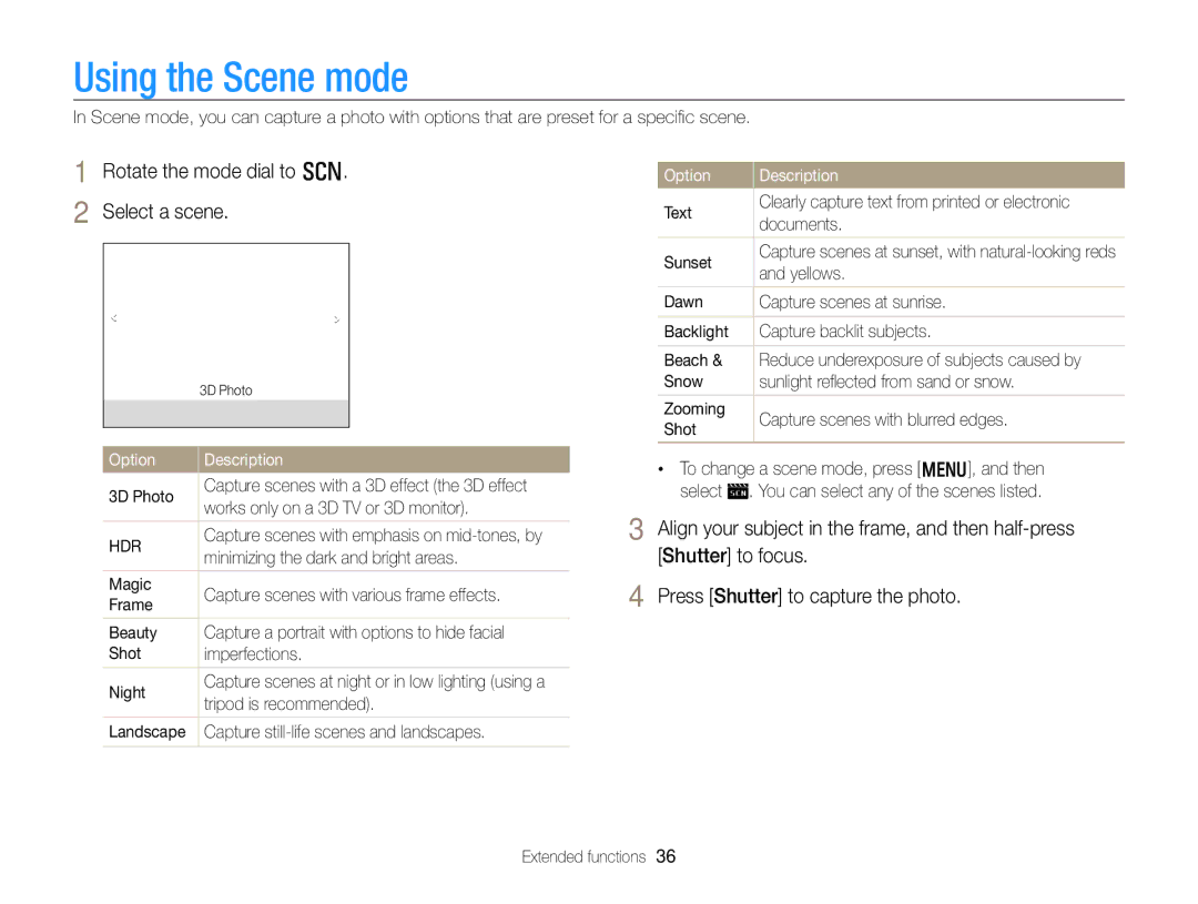 Samsung EC-WB750ZBPBUS user manual Using the Scene mode, Rotate the mode dial to s Select a scene 