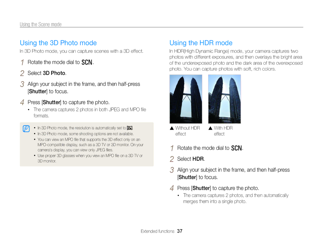 Samsung EC-WB750ZBPBUS user manual Using the 3D Photo mode, Using the HDR mode, Using the Scene mode 