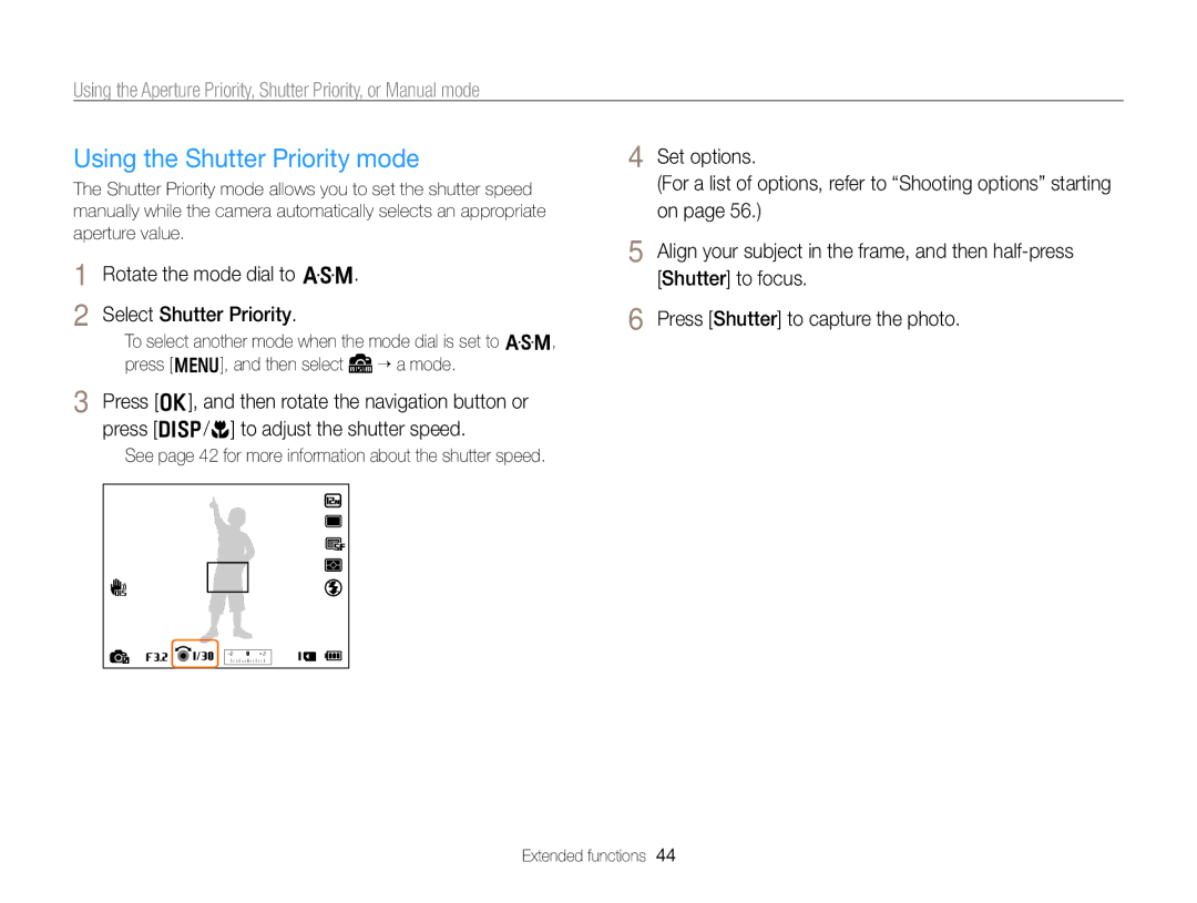 Samsung EC-WB750ZBPBUS user manual Using the Shutter Priority mode, Rotate the mode dial to G Select Shutter Priority 