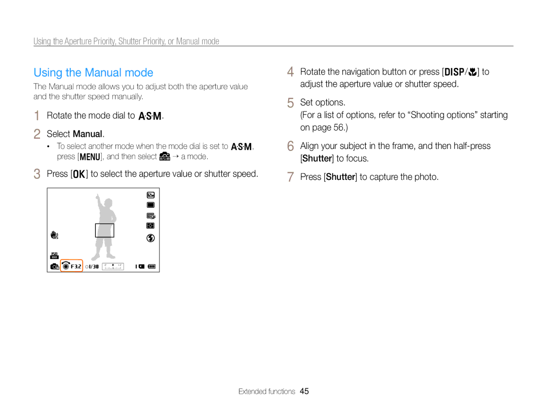 Samsung EC-WB750ZBPBUS user manual Using the Manual mode, Rotate the mode dial to G Select Manual 