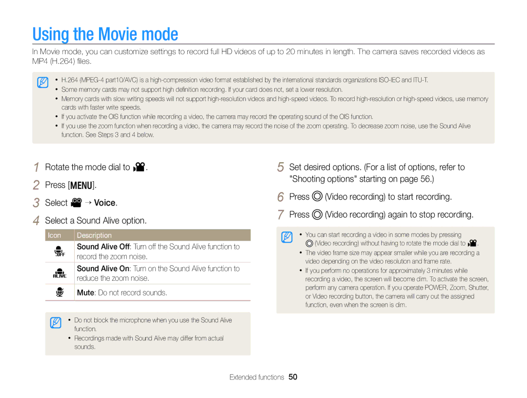 Samsung EC-WB750ZBPBUS user manual Using the Movie mode, Rotate the mode dial to, Select a Sound Alive option 