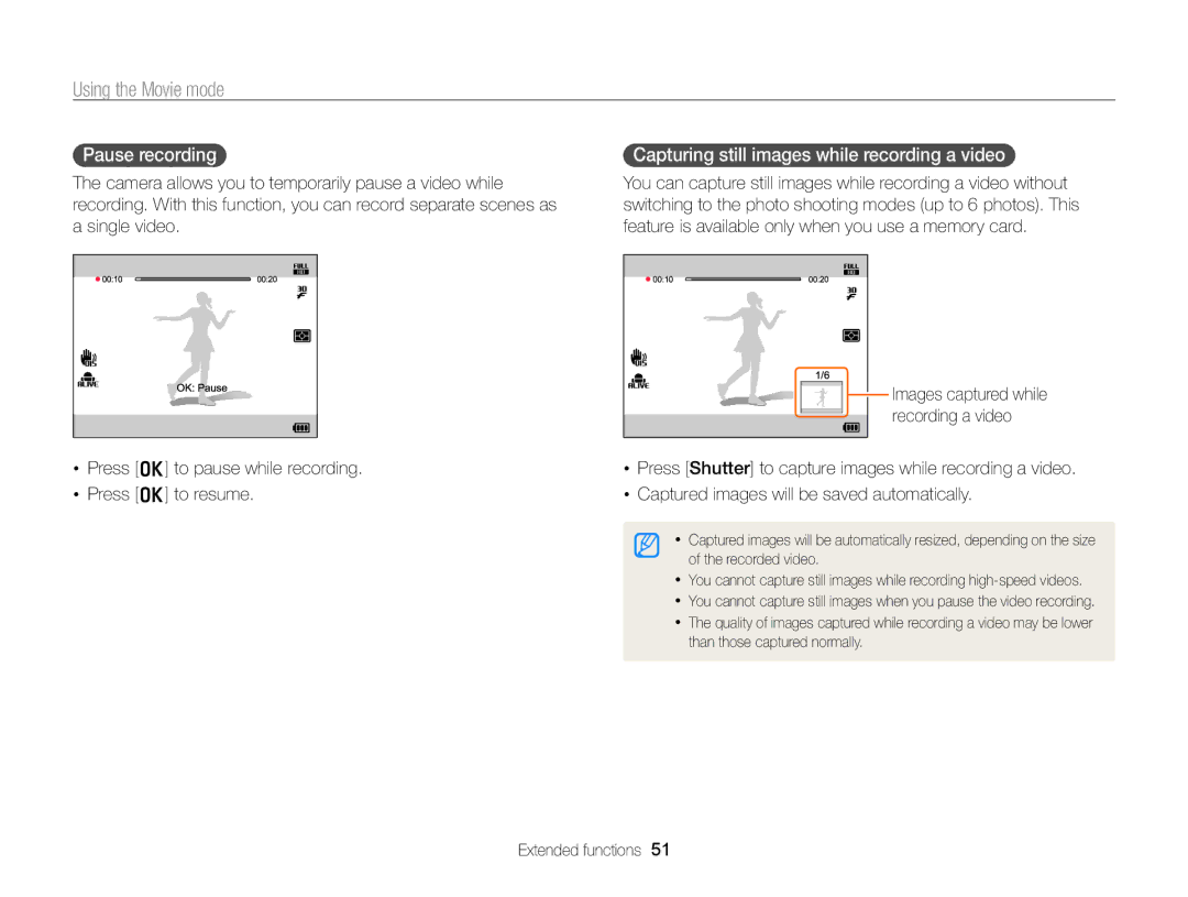 Samsung EC-WB750ZBPBUS user manual Using the Movie mode, Pause recording, Capturing still images while recording a video 