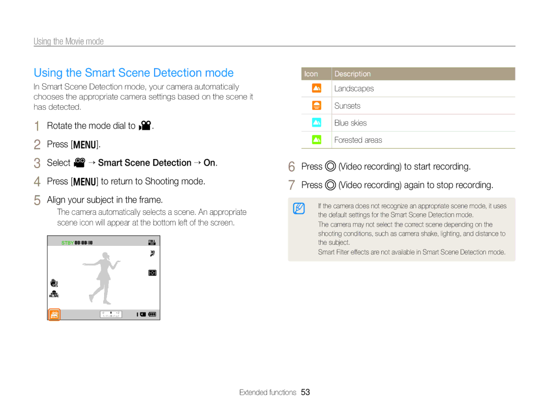 Samsung EC-WB750ZBPBUS user manual Using the Smart Scene Detection mode, Video recording again to stop recording, Press 