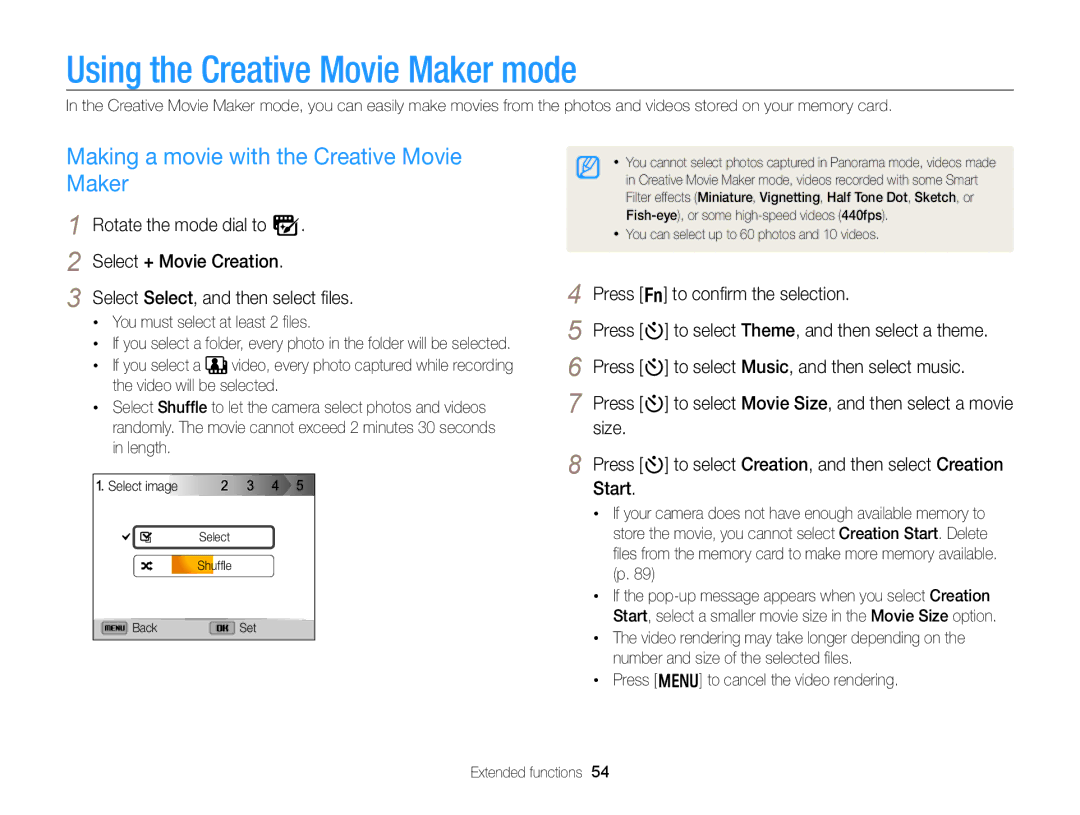 Samsung EC-WB750ZBPBUS user manual Using the Creative Movie Maker mode, Making a movie with the Creative Movie Maker 