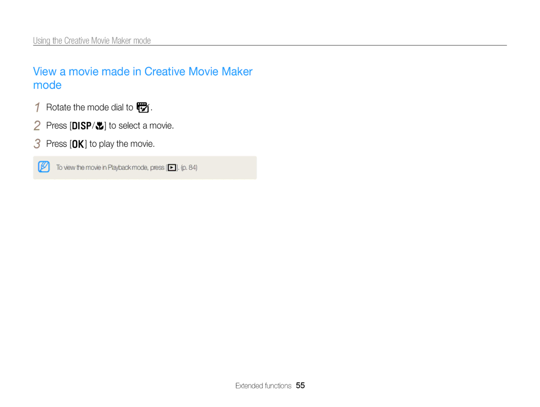 Samsung EC-WB750ZBPBUS user manual View a movie made in Creative Movie Maker mode, Using the Creative Movie Maker mode 