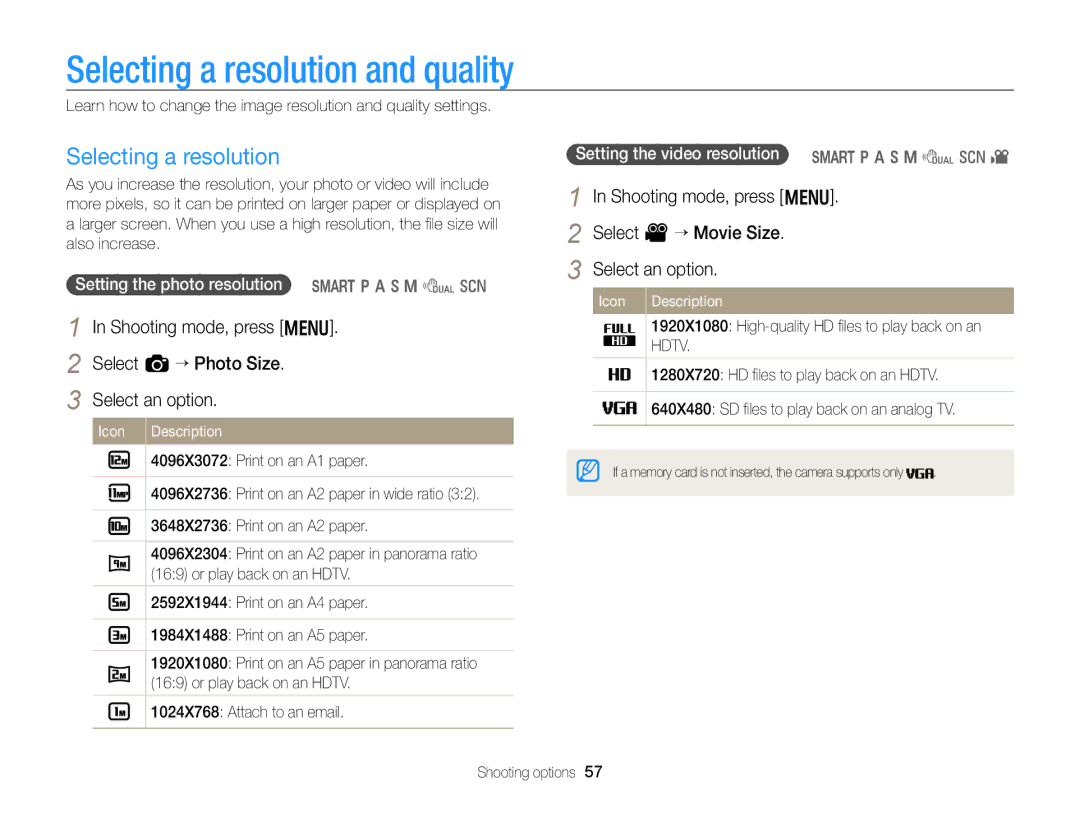 Samsung EC-WB750ZBPBUS Selecting a resolution and quality, Setting the photo resolution S p a h M d s, Shooting options 