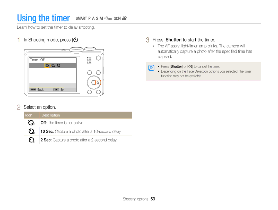 Samsung EC-WB750ZBPBUS user manual Using the timer S p a h M d s, Shooting mode, press t, Press Shutter to start the timer 