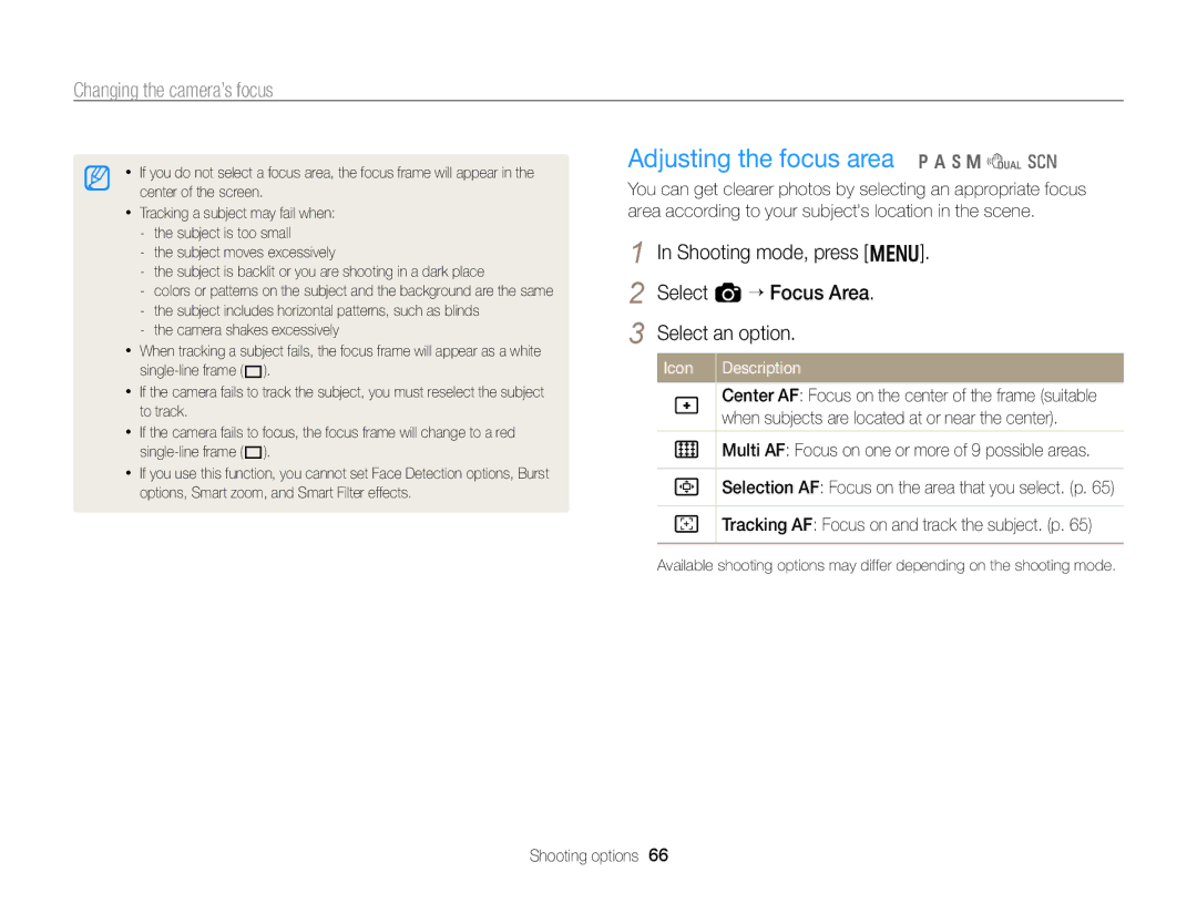 Samsung EC-WB750ZBPBUS user manual Adjusting the focus area p a h M d s 