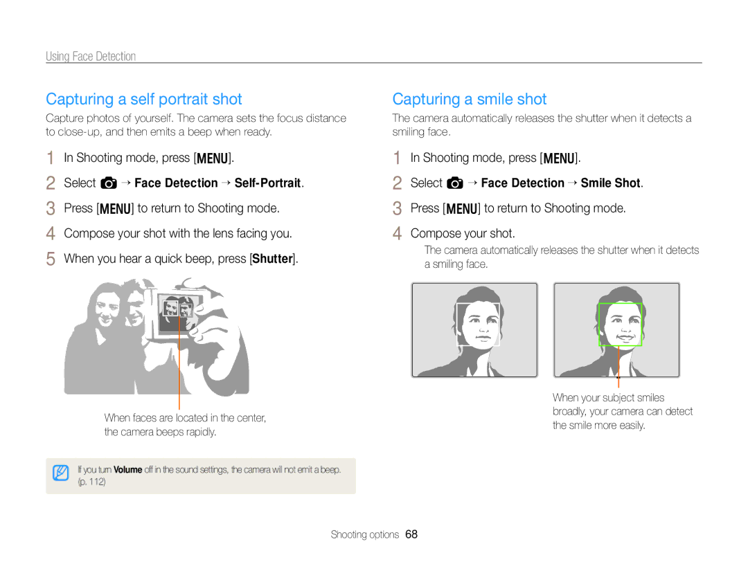 Samsung EC-WB750ZBPBUS user manual Capturing a self portrait shot, Capturing a smile shot, Using Face Detection 