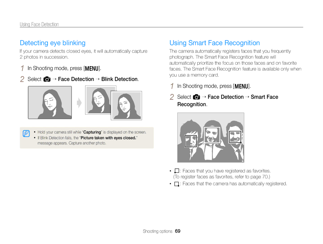 Samsung EC-WB750ZBPBUS user manual Detecting eye blinking, Using Smart Face Recognition 