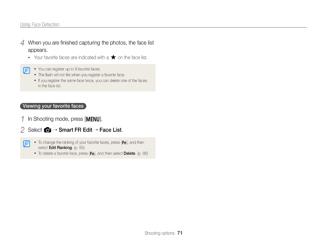 Samsung EC-WB750ZBPBUS user manual Shooting mode, press m Select a “ Smart FR Edit “ Face List, Viewing your favorite faces 
