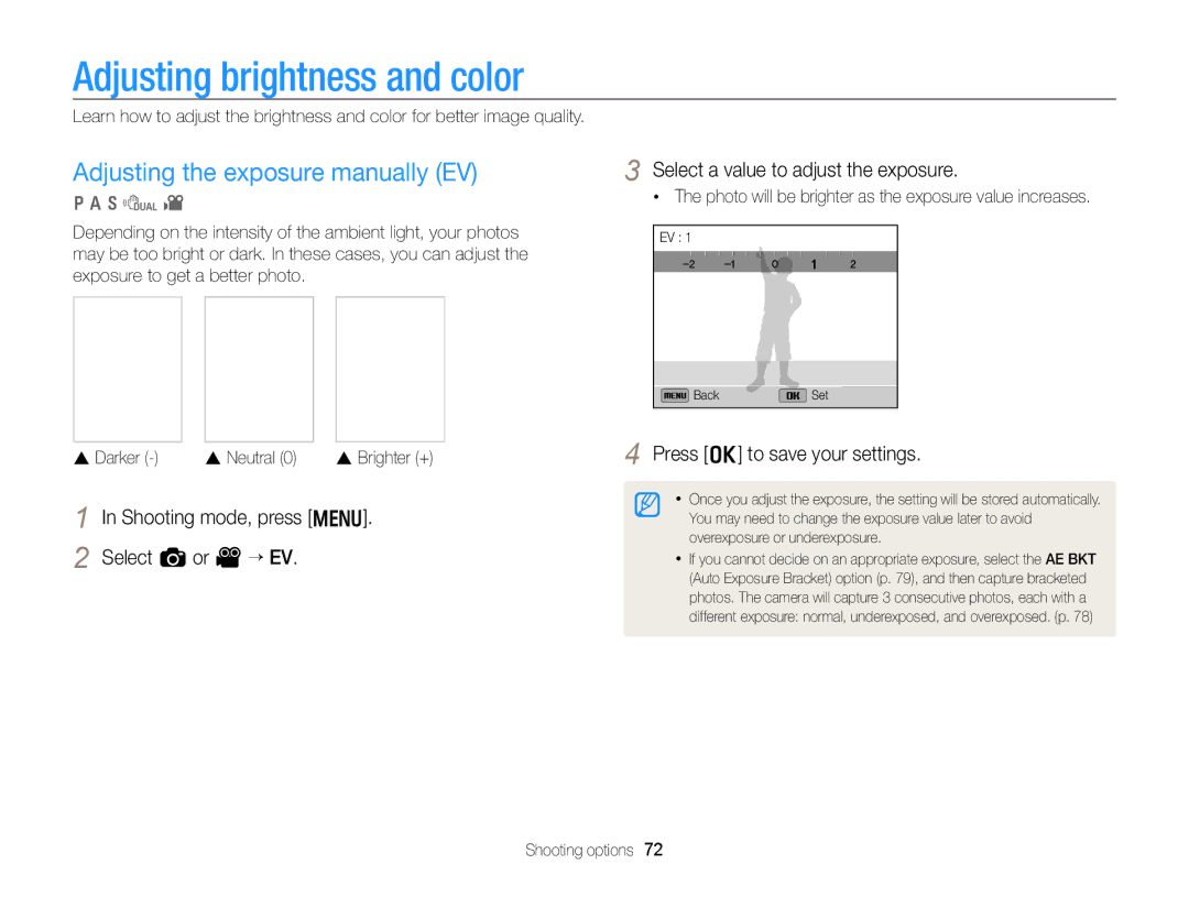 Samsung EC-WB750ZBPBUS user manual Adjusting brightness and color, Adjusting the exposure manually EV 