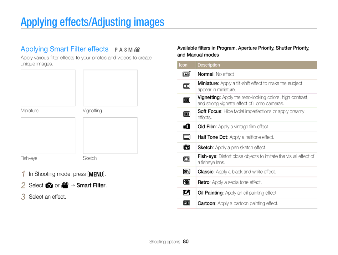 Samsung EC-WB750ZBPBUS user manual Applying effects/Adjusting images, Applying Smart Filter effects p a h M 