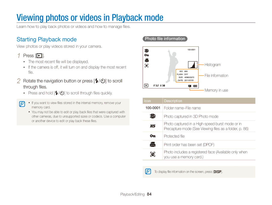 Samsung EC-WB750ZBPBUS Viewing photos or videos in Playback mode, Starting Playback mode, Press P, Photo file information  