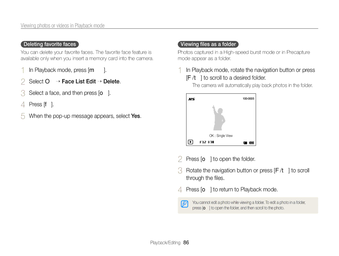 Samsung EC-WB750ZBPBUS user manual Deleting favorite faces, Viewing ﬁles as a folder 