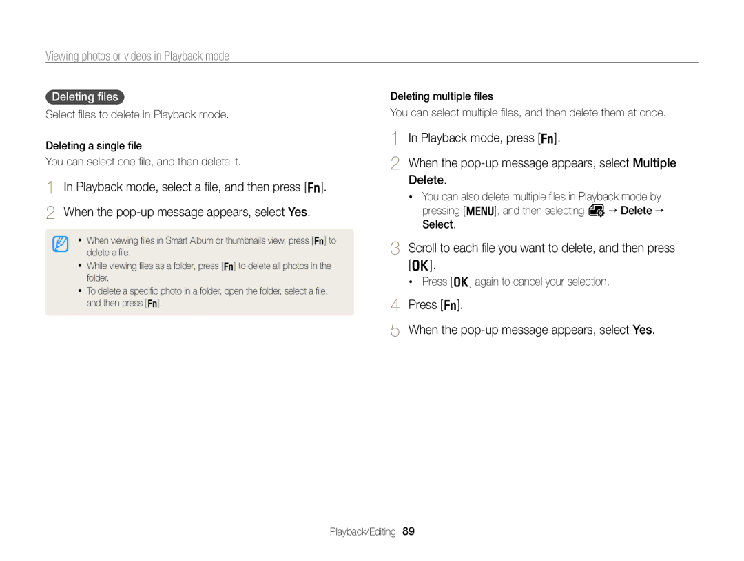 Samsung EC-WB750ZBPBUS Scroll to each ﬁle you want to delete, and then press o, Deleting ﬁles, Deleting multiple ﬁles 