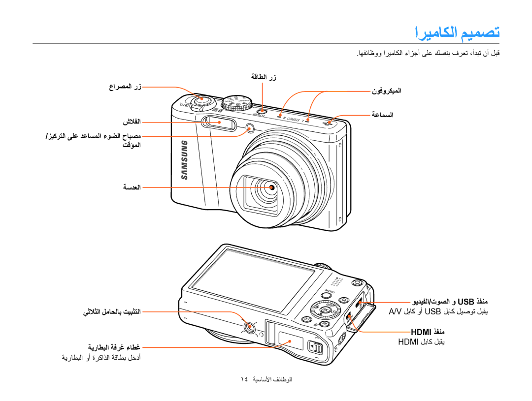 Samsung EC-WB750ZBPBSA, EC-WB750ZDPBME manual ﺍﺮﻴﻣﺎﻜﻟﺍ ﻢﻴﻤﺼﺗ, ﻥﻮﻓﻭﺮﻜﻴﻤﻟﺍ ﺔﻋﺎﻤﺴﻟﺍ ﻮﻳﺪﻴﻔﻟﺍ/ﺕﻮﺼﻟﺍ ﻭ Usb ﺬﻔﻨﻣ, Hdmi ﺬﻔﻨﻣ 