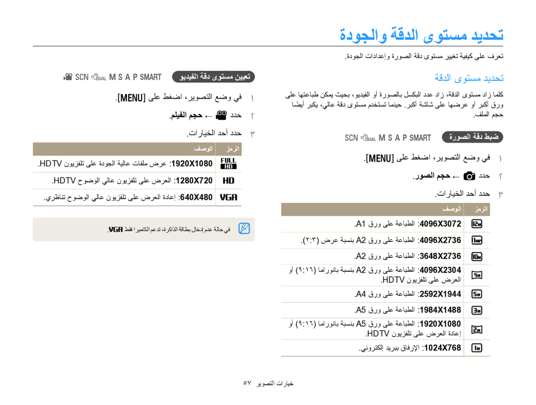 Samsung EC-WB750ZDPBIR, EC-WB750ZDPBME, EC-WB750ZBPBIL ﺓﺩﻮﺠﻟﺍﻭ ﺔﻗﺪﻟﺍ ﻯﻮﺘﺴﻣ ﺪﻳﺪﺤﺗ, ﻢﻠﻴﻔﻟﺍ ﻢﺠﺣ ← V ﺩﺪﺣ, ﺭﻮﺼﻟﺍ ﻢﺠﺣ ← a ﺩﺪﺣ 