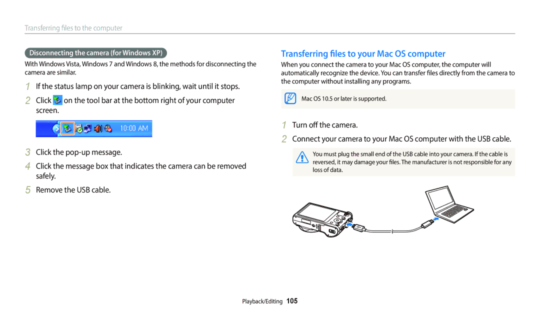 Samsung WB800F Transferring files to your Mac OS computer, Turn off the camera, Disconnecting the camera for Windows XP 