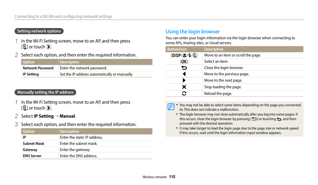 Samsung ECWB800FFPRUS, EC-WB800FBPRUS, EC-WB800FBPBUS Using the login browser, Or touch, Select IP Setting “ Manual 